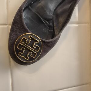 Tory Burch Eggplant Purple Reva Ballet Suede Flats with Gold Logo